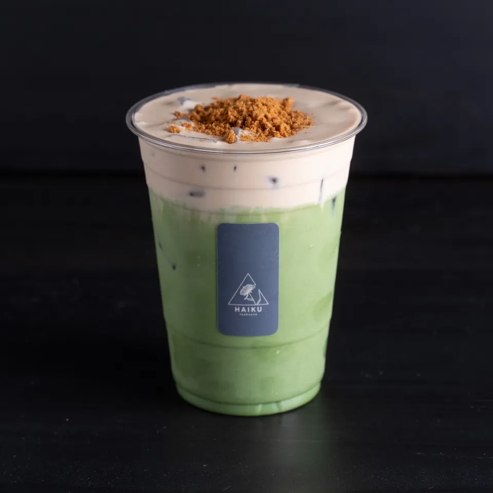 Matcha cookie butter cream top in a Haiku cup